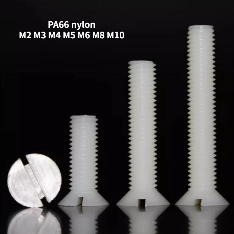 

20/50/100pcs M2 M3 M4 M5 M6 M8 M10 Pa66 White Nylon Slotted Countersunk Flat Screw Plastic Insulated Flat Screw