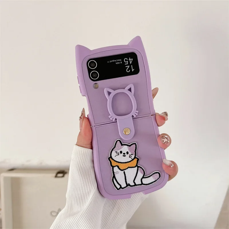 Embroidered Cat Phone Case for Samsung Galaxy Z Flip 6 5 4 3 Protective Back Cover for ZFlip4 ZFlip5 ZFlip6 Case