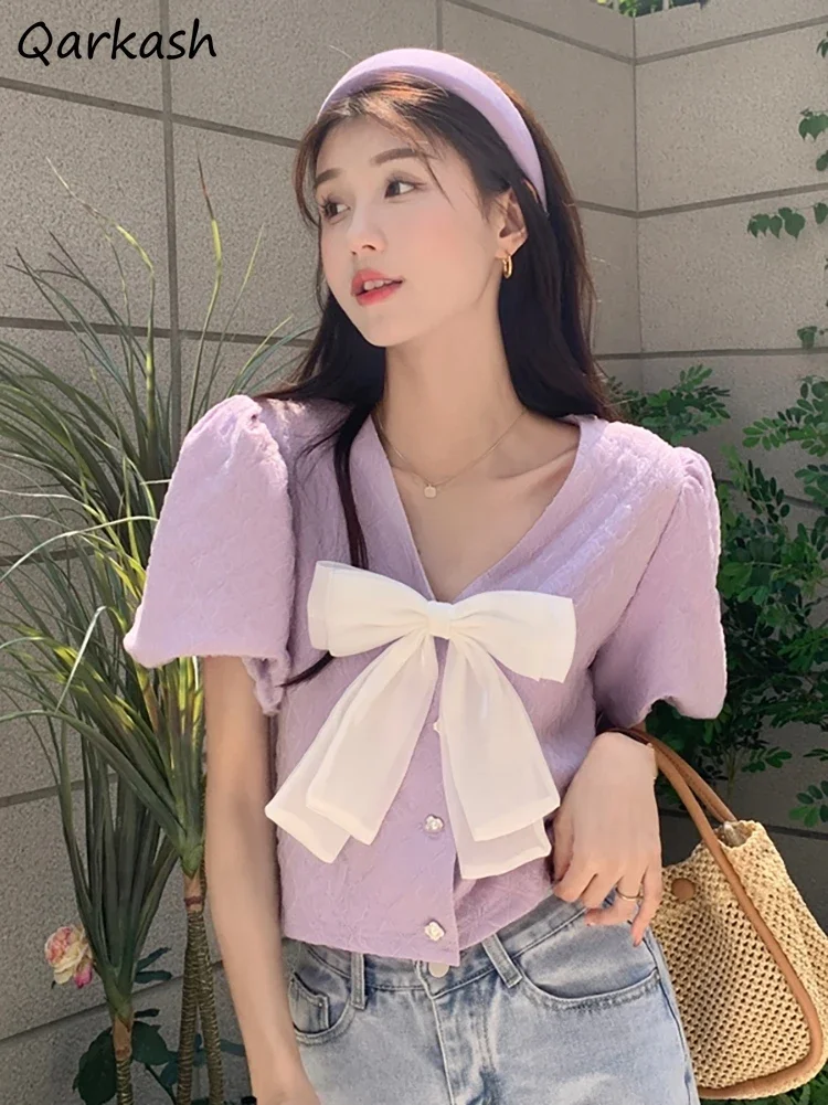 

Puff Sleeve V-neck Shirts Women Solid Summer Clothes Sweet Preppy Lovely Elegant Harajuku Fashion Korean Style Crop Tops Chic