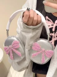Pink bow 3D cartoon cute earphone case for apple airpods max 2024 shiny blingbling cover for airpdosmax headset capa