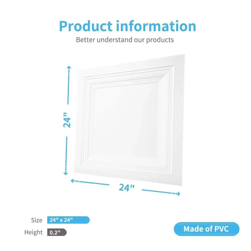 Square Drop Ceiling Tile, PVC Panel, 2ft X 2ft in White, 12 Packs Compatible