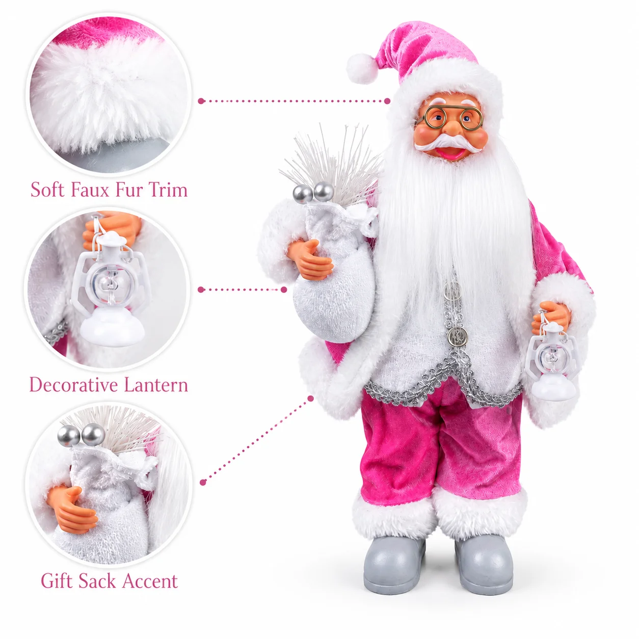 Figura de Papá Noel de 30 cm con Traje Rosa, Linterna y Bolsa de Regalo, Detalles Plateados, Decoración Navideña para Mesa
