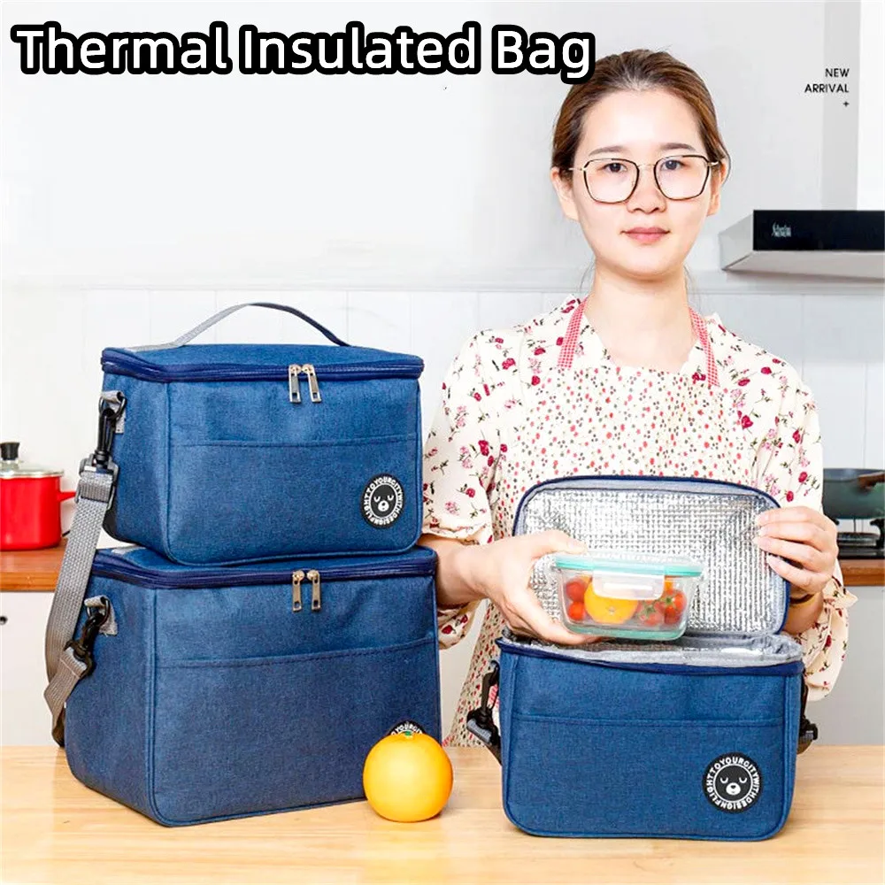 Large Capacity Lunch Bag Food Thermal Bento Pouch Waterproof Oxford Lunch Box Picnic Insulated Cooler Bag WIth Shoulder Strap