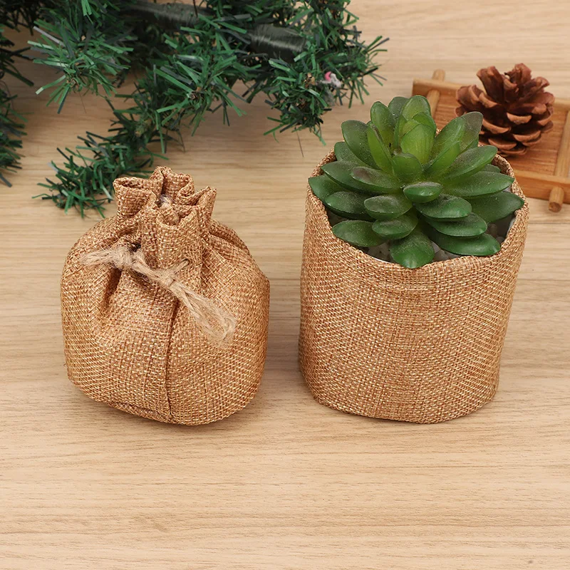 Burlap Drawstring Plant Pot Cover – Rustic Succulent Planter Bag for Indoor Decor & Gift Packaging