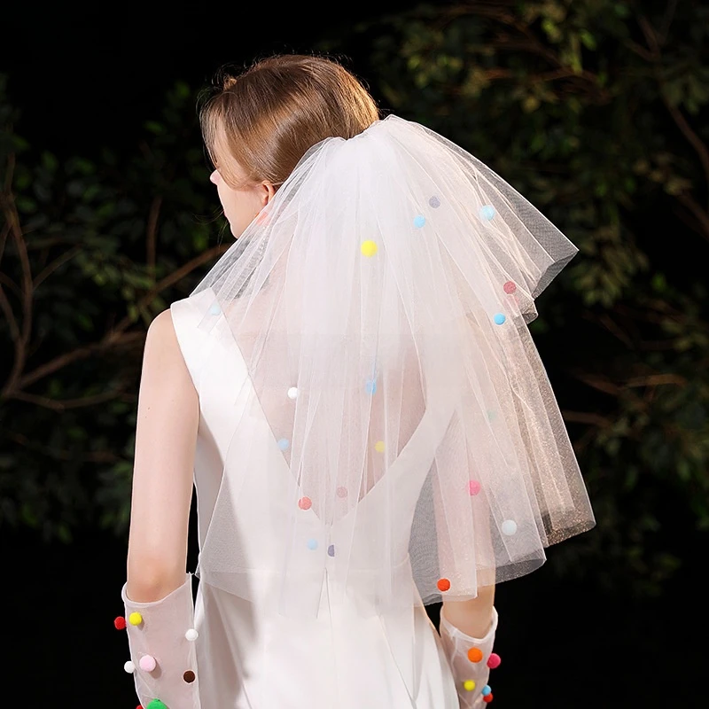 Double Layer Bow Wedding Veil, Colorful Pom Pom Bridal Veil, Women Wedding Photo Accessory