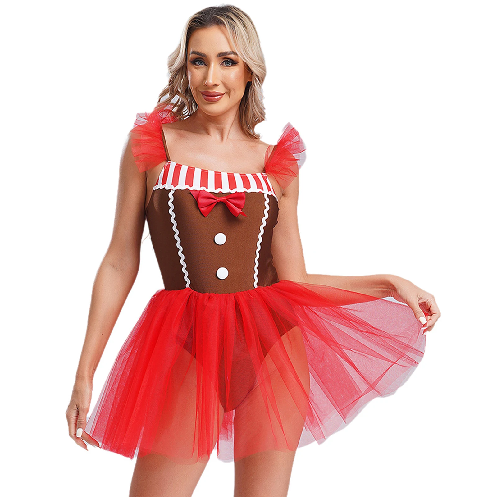 Women Christmas Gingerbread Costume Bowknot Striped Mesh Tutu Leotard Dress Xmas Party Cosplay Bodysuit  Performance Clothes