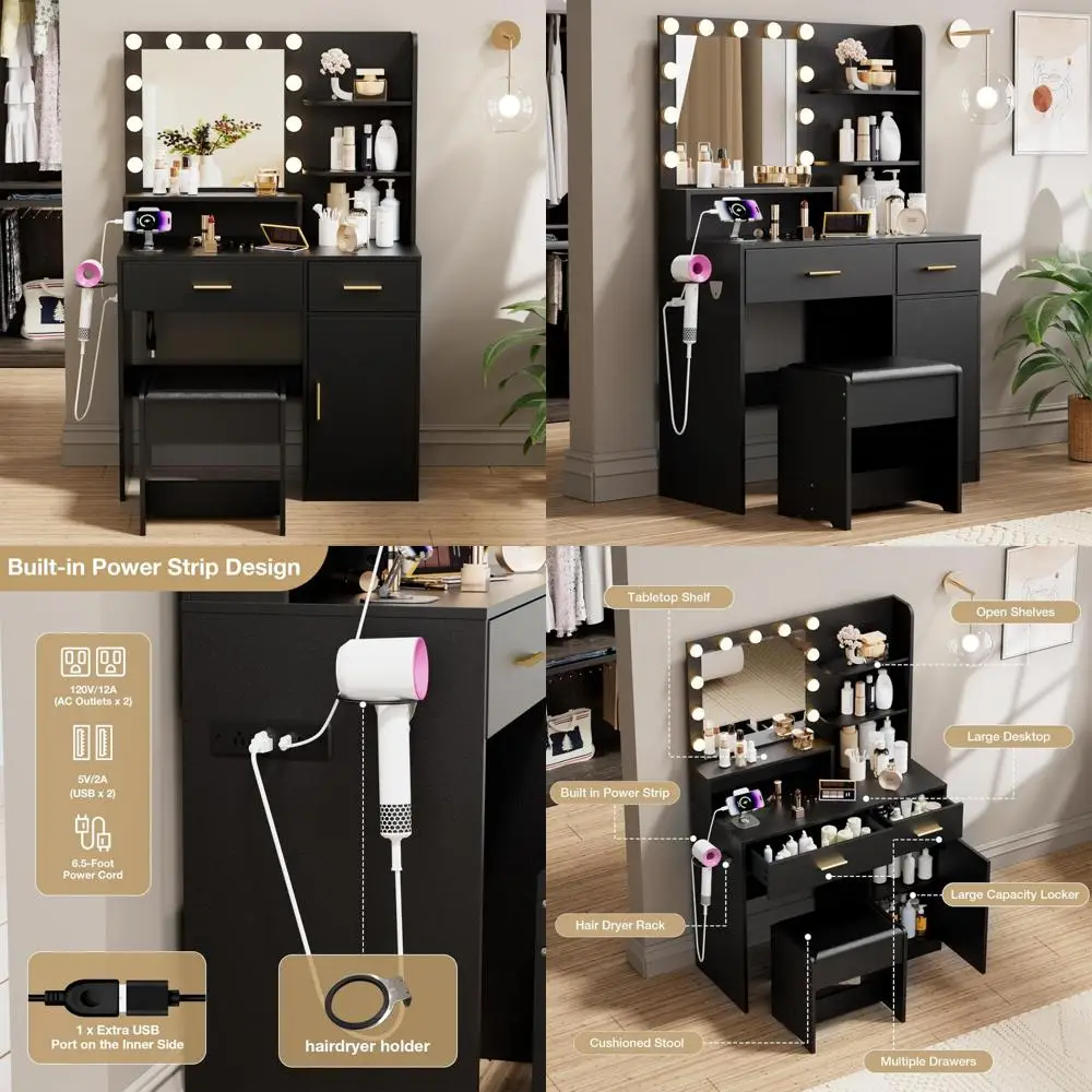 Vanity Desk illuminato con presa di corrente, set da trucco bianco con 2 cassetti, toletta regolabile per B migliorato