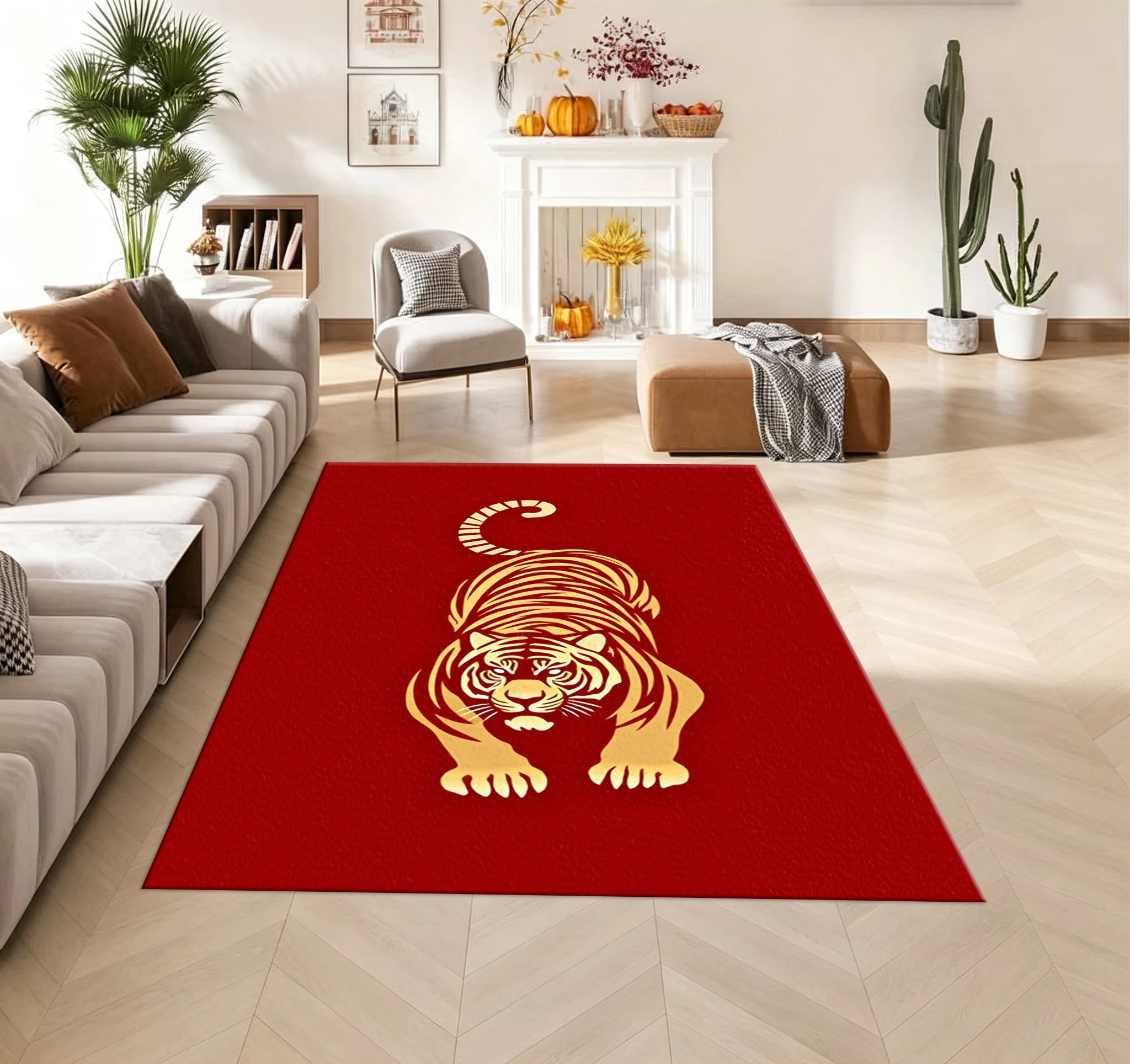 Red Background with Golden Tiger Pattern Carpet, Stylish Printed Carpet, Home Floor Mat Suitable for Living Room and Bedroom Decoration