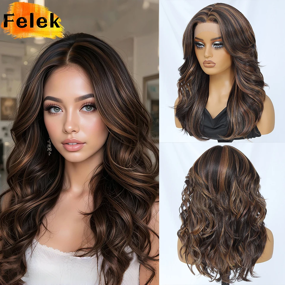 

Body Wave Layered Wigs With Baby Hair Black Synthetic Lace Front Wig For Women Ombre Brown Red Cosplay Wig Afro Wigs With Bangs