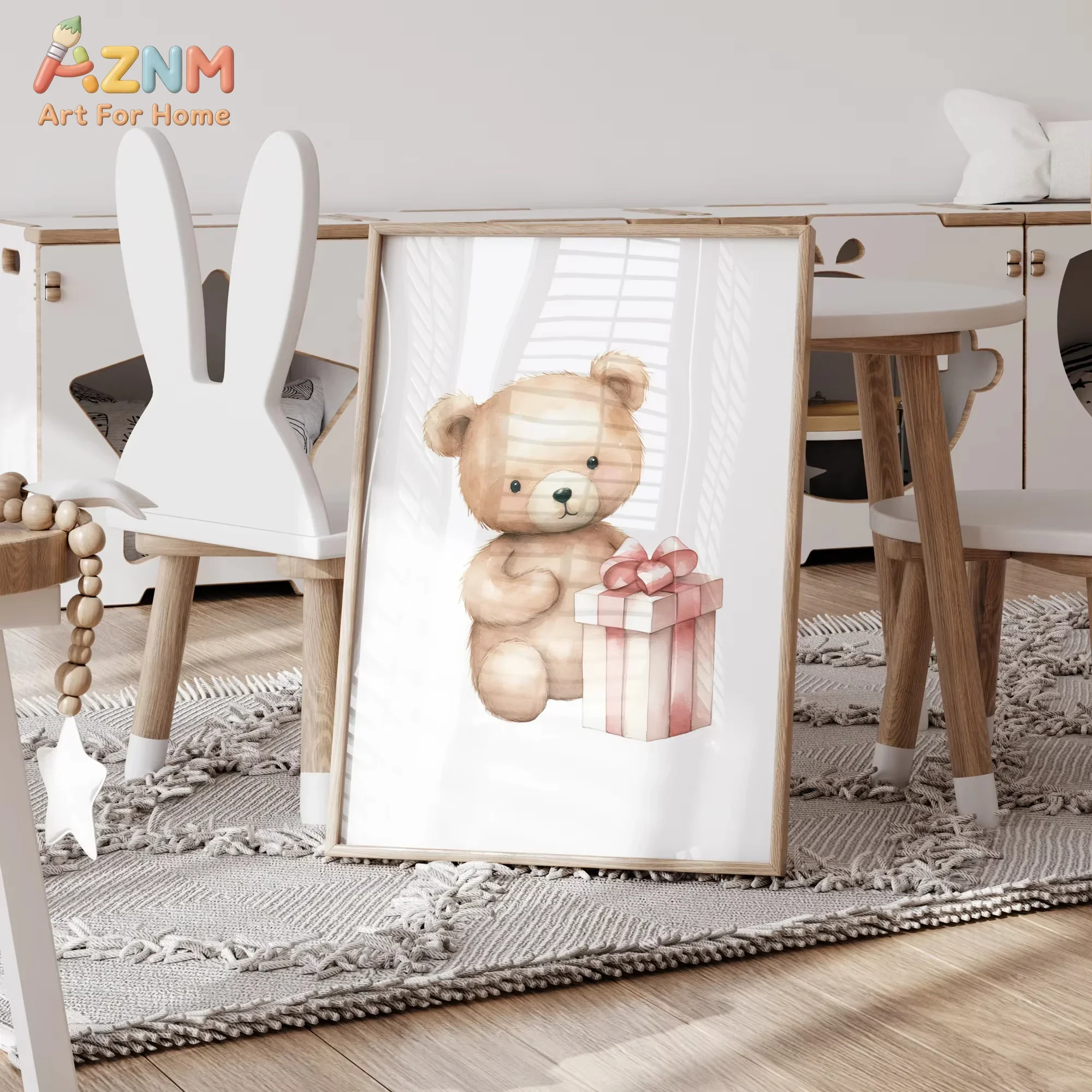 AZNM Watercolor Cute Teddy Bear Heart Gift Box Canvas Wall Art Pink Bow Cartoon Print Unframed Canvas Painting for Girls Nursery