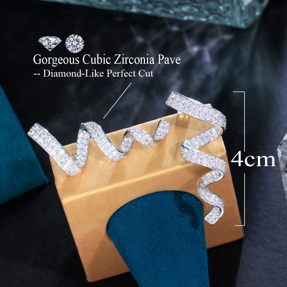 CWWZircons Rotational Ribbon Shape Full Cubic Zirconia Paved Long Drop Earrings for Women Unique Designer CZ Party Jewelry CZ630