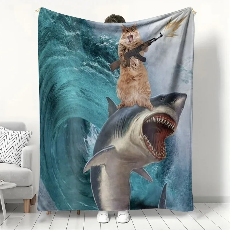 Wild Cat on Shark with Rifle Flannel printed blanket suitable for all seasons suitable for living room office sofa and travel