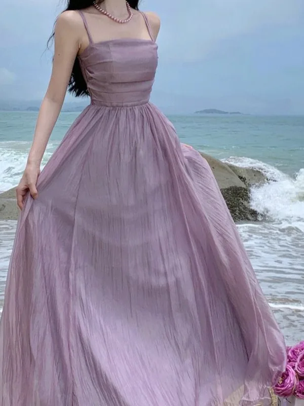

French style sling dress for women in the summer of 2024 new pure desire for waist reduction and slimming effect mesh long XQ0Q