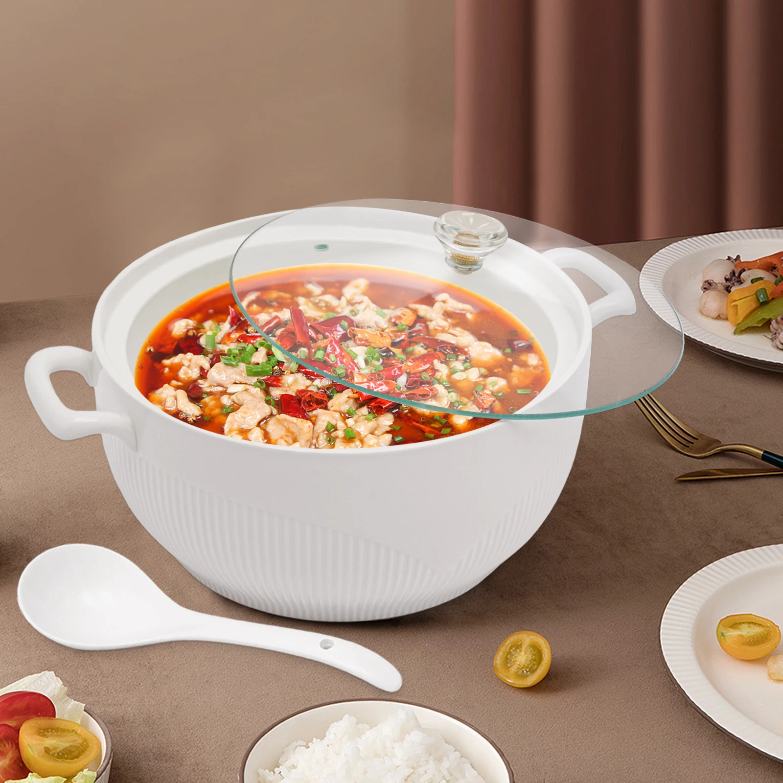 

8.54in Classic Porcelain Soup Tureen with Lid 3L Ceramic Serving Bowl for Restaurant Home Kitchen Embossed Design