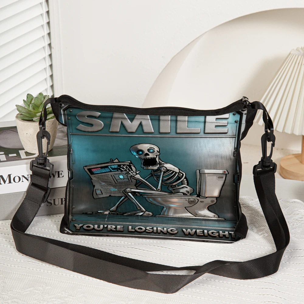 1pc Smile Youre Losing Weight Skeleton Toilet Humor Print Crossbody Bag Black Shoulder Bags For Women Men Casual Daily Use Trave