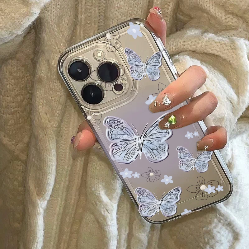 Purple Butterfly Phone Case For iPhone 16 15 14 13 12 11 Pro XS MAX 7 XR 8 7 Plus Clear Cover Fundas