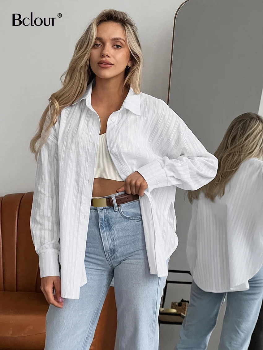 Bclout Summer Cotton Jacquard White Shirts Blouses For Women Elegant Long Sleeve Office Lady Slit Shirts Casual Loose Tops 2024