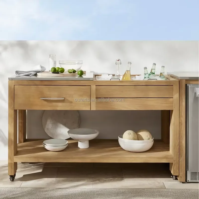 Natural Solid Teak Furniture Garden Storage Hotel Resort Villa Outdoor Kitchen Cabinet With Drawer and Wheel