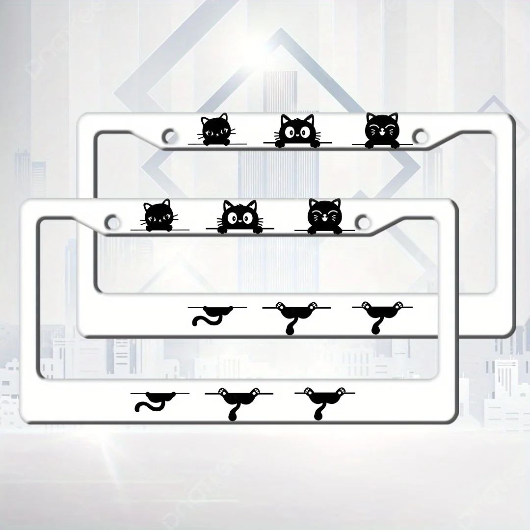 2Pcs Cute Peeking Black Cat License Plate Frames White Frame Cartoon Kitten Silhouette Print Lovely Pet Style Auto Tag Holders