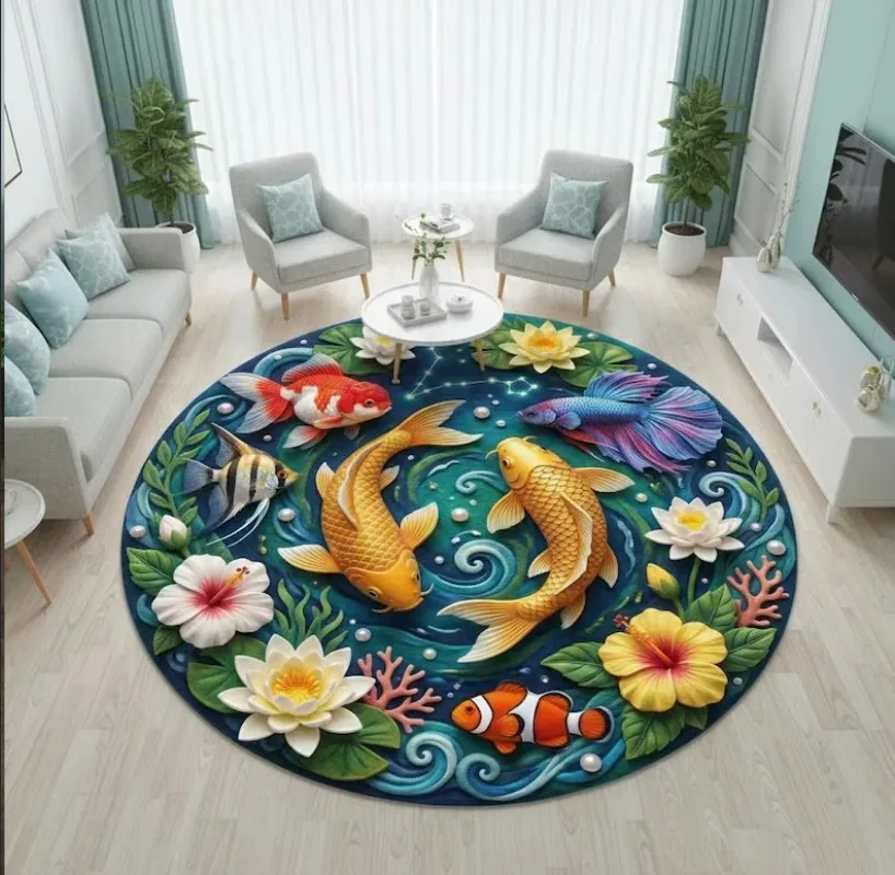 Feng Shui Koi Fish Rug Floral Pisces Zodiac Mat Good Luck Floor Carpet Round Carpet Non-Slip Floor Living Room Bedroom Mats
