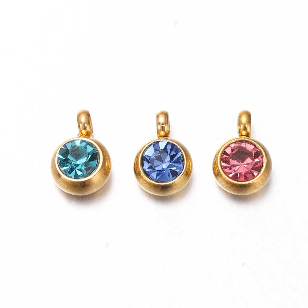 10Pcs 6mm Stainless Steel Birthstones Charms Pendants Rhinestone Crystal Beads Pendant for Necklace Bracelet Jewelry Making