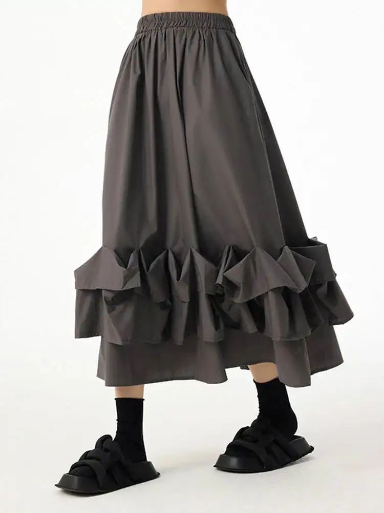 High Elastic Waist Gray Ruffles Spliced Casual A-line Half-body Skirt Women Fashion Tide New Spring Autumn