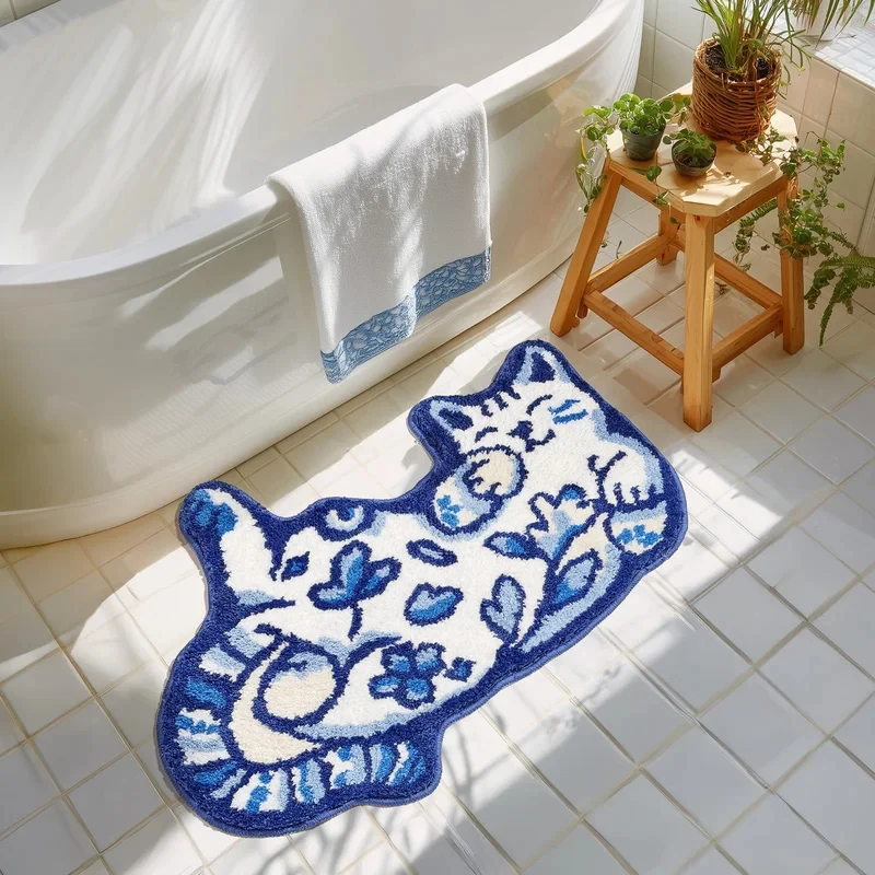 VIKAMA Delft Blue Cat Rug Non-slip Absorbent Soft Mat for Bathroom Kids Bedroom Decor