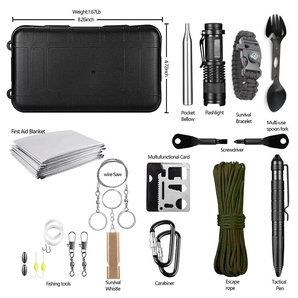 Professionele noodoverlevingskit Uitrusting Camping Multifunctionele tactische verdedigingsapparatuur EHBO SOS Wilderness Adventure
