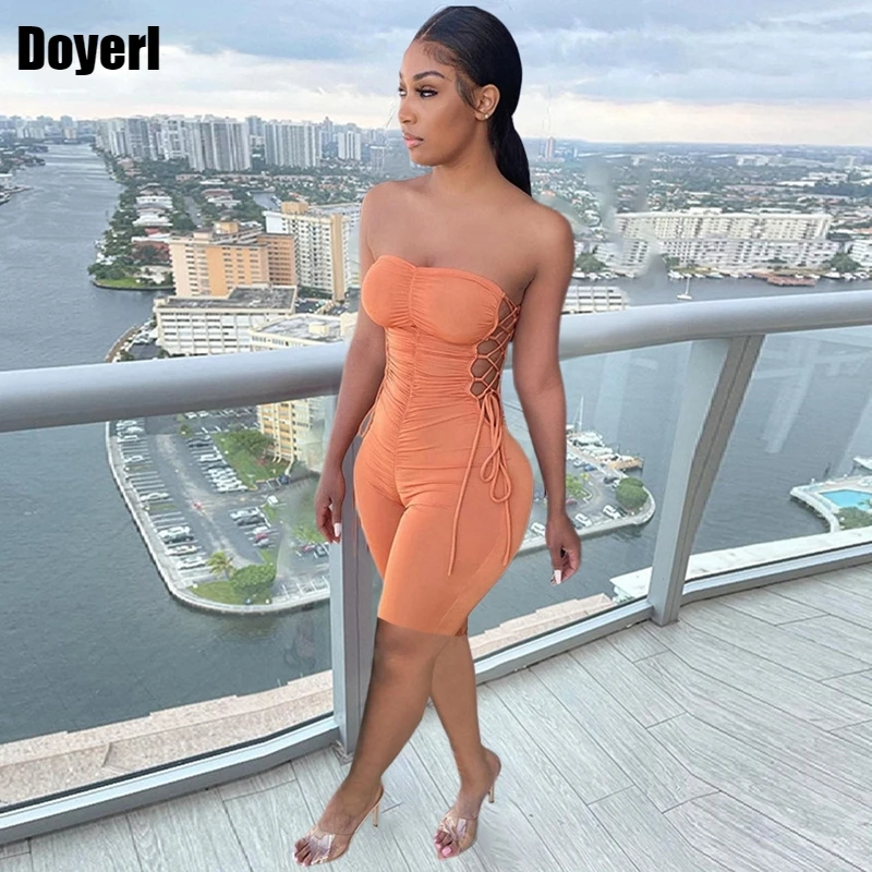 Lace Up Sexy Bodycon Jumpsuit Women One Piece Outfit Women Party Club Outfits Slim Ruched Short Summer Jumpsuits for Women 2022