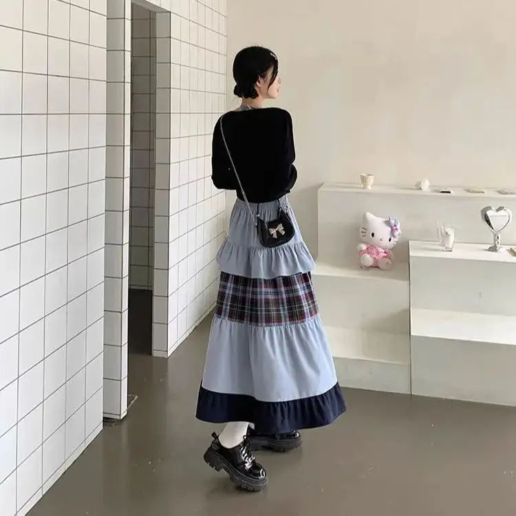New Retro Plaid Splicing Skirt Spring Autumn Women'S Niche Design Sense Heavy Industry Multi-Layer A-Line Large Sling Skirt