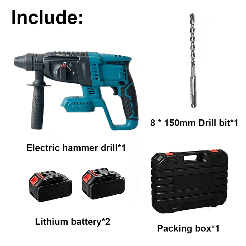 Elektrischer Bohrhammer, 26 mm, blau, bürstenloser Bohrer, multifunktional, rotierend, kabellos, wiederaufladbar, Elektrowerkzeuge für 21-V-Batterie, Steckertyp: EU – Detail 1