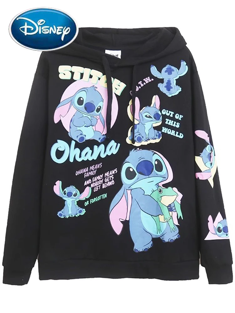 Disney Sweatshirt Family Stitch Little Monster Letter Cartoon Print Women Hooded Long Sleeve Fleece Jumper Tops Black Streetwear