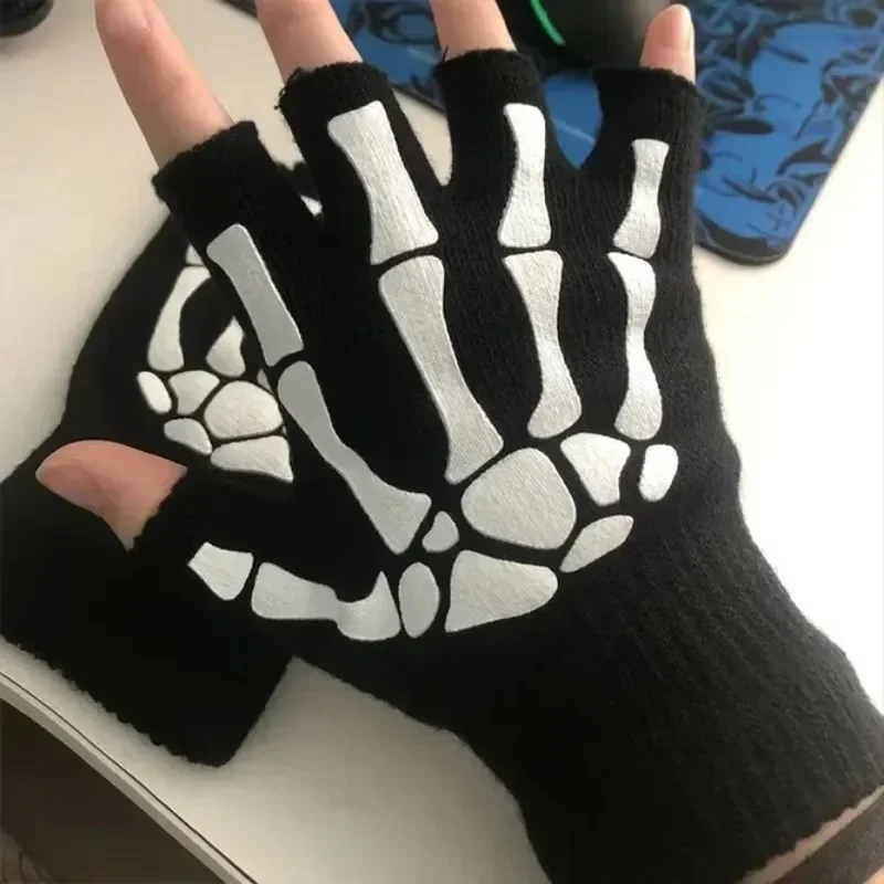 

Skull Luminous Gloves Winter Women Men Punk Black Warm Half Finger Gloves Cycling Soft Comfortable Gloves Fashion Accessories