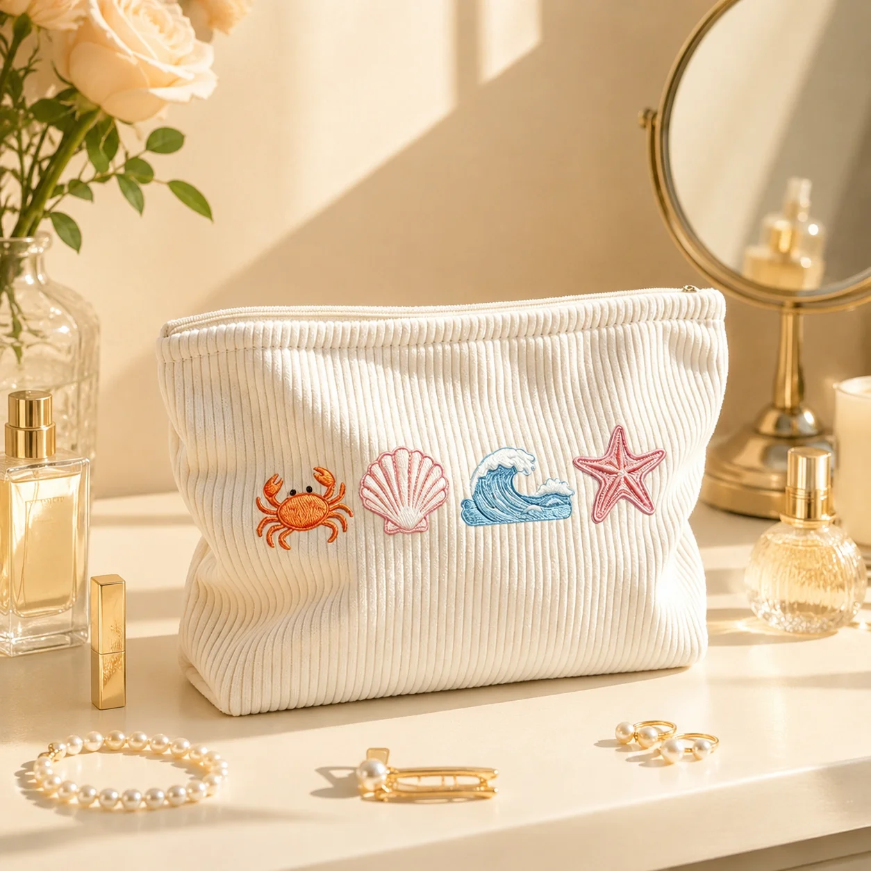 Cosmetic Bag Corduroy Printing Makeup Bag Beach Travel Toiletry Organizer Pouch Sea Shell Crab Starfish Beauty Storage Case