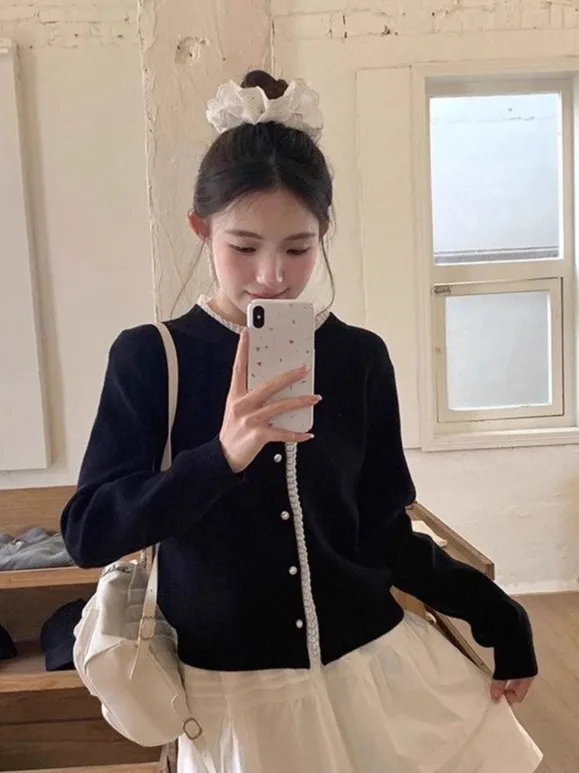 

Женский вязаный открытый кардиган, свитер, высококачественная верхняя одежда с кружевной отделкой, модная повседневная одежда Ele Sle, зимний сезон