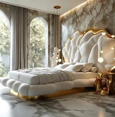 Top luxury cream wind cloud bed wave soft bag bed, master bedroom premium light luxury gold foil double bed