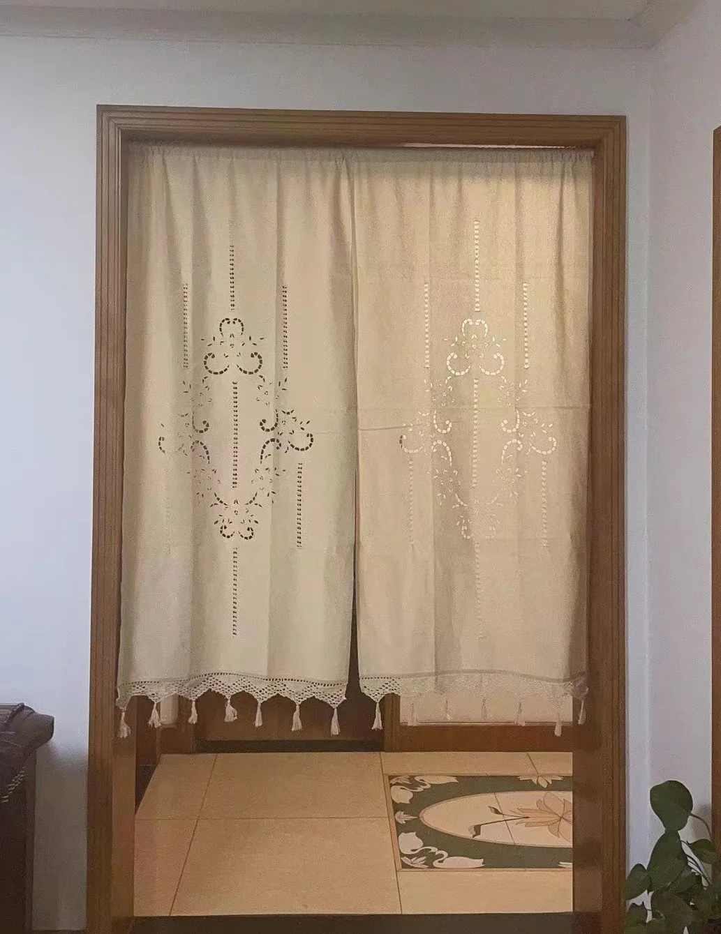 Holes Free Handmade Pure Cotton Blackout Curtains, Crochet Hollow Out Beige Kitchen, Cabinet Curtain with Tassels, Rod Pocket