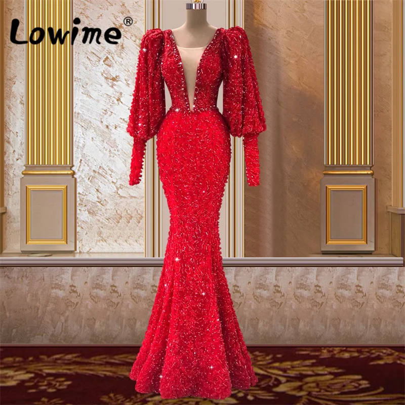 

Dubai Design Puffy Sleeve Long Evening Dresses Red Beads Sequin Mermaid Elegant Wedding Party Dress Robes Arabic Women Prom Gown