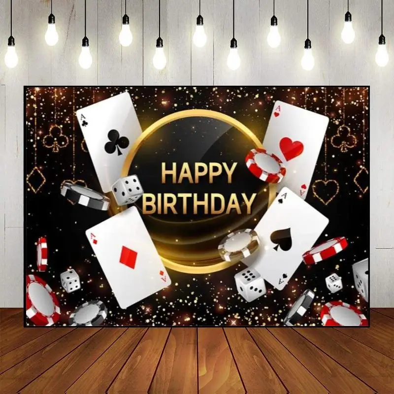 Cake Custom Photography Backdrop Las Vegas Banner Poker Happy Birthday Party Wall Game Hall Dice Background Casino Night Chips