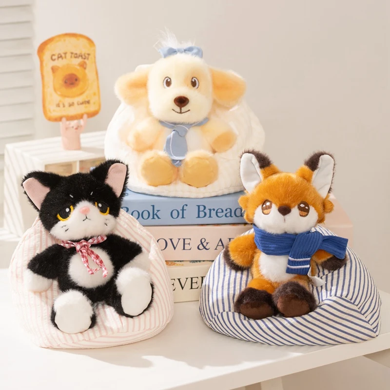 20cm Creative 2-in-1 Plushies Cozy Animal Lying in Bean Bag Stuffed Toy Kawaii Cat Dog with Mini Rug Soft Toys Kawaii Home Decor