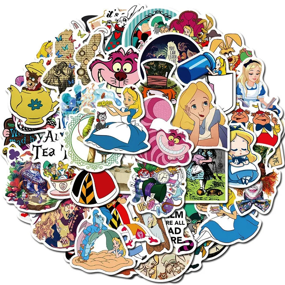 

10/30/50pcs Disney Cartoon Alice in Wonderland Stickers Anime Decals DIY Water Bottle Car Stationery Cute Sticker Kid Party Gift