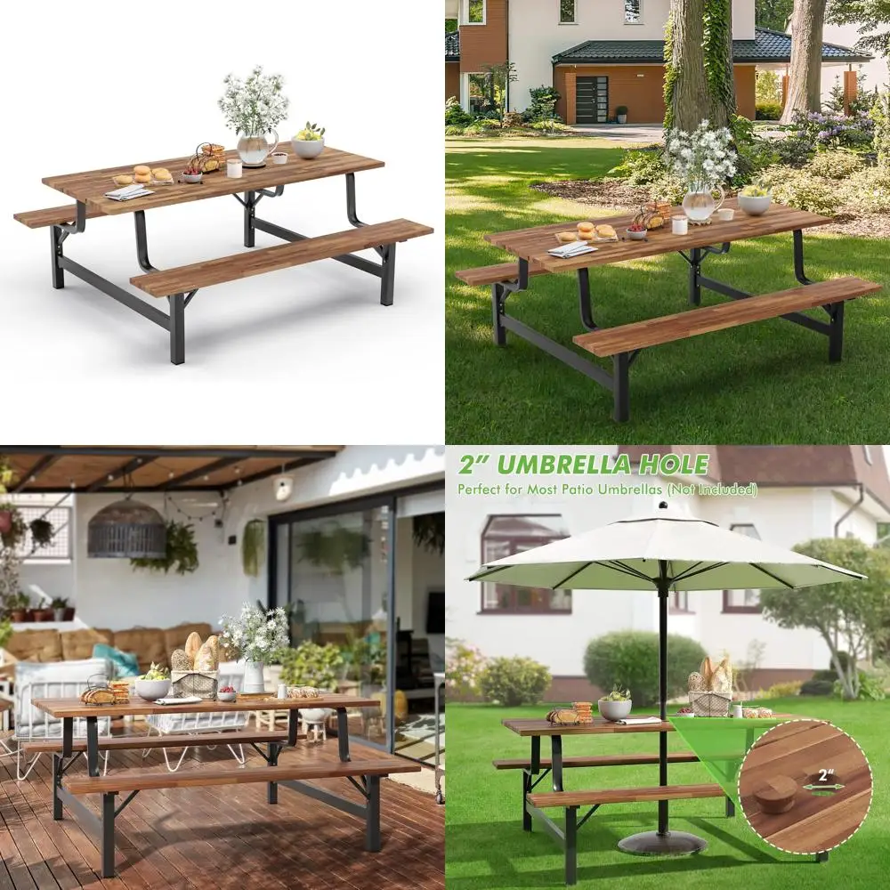 

"6-Foot Acacia Wood Picnic Table and Bench Set for 6 or 4 People with Umbrella Hole"
