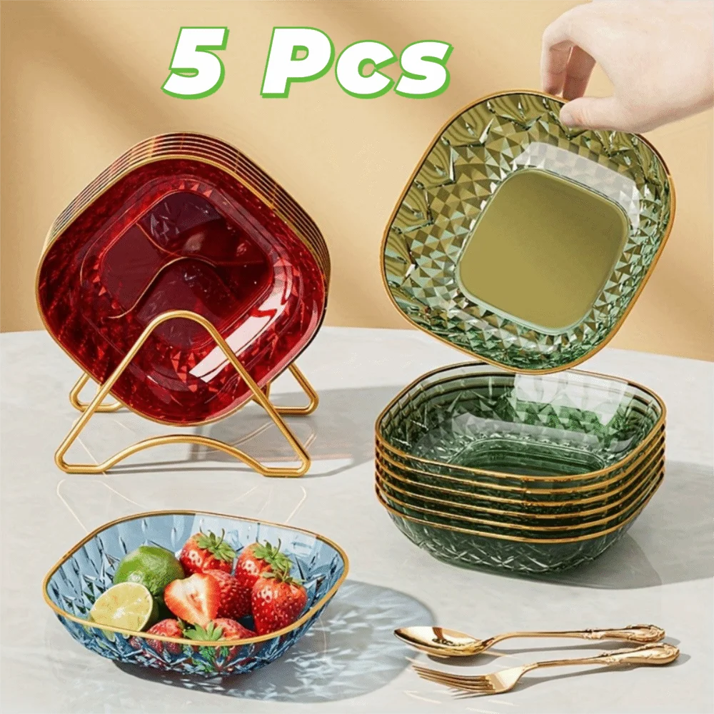 5PCS Multi-functional Square Snack Plate Golden Trim Transparent Appetizer Plate Plastic Dining Table Waste Dish Party