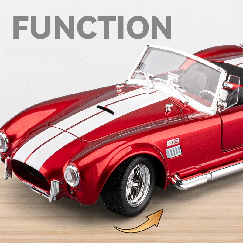 Simulation 1/24 Shelby Cobra 427 S/C Vintage Convertible Car Model Diecast Toy Vehicle Pull Back Sound and Light Metal Boy Gift