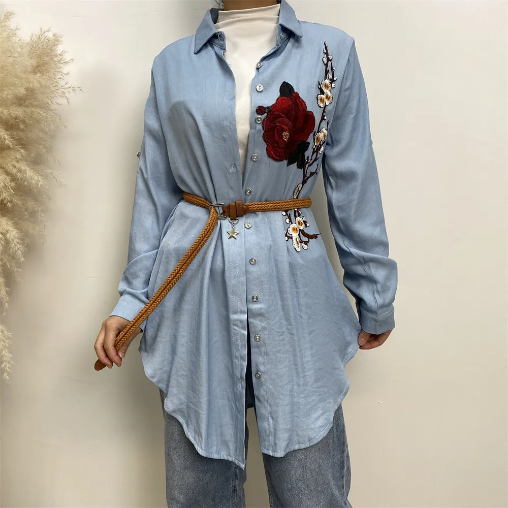 Women Muslim Shirt Fashion Causal Turkey Abaya Islamic Embroidered Polo Collar Long Sleeve Slim Fit Large Size Denim Top Femme