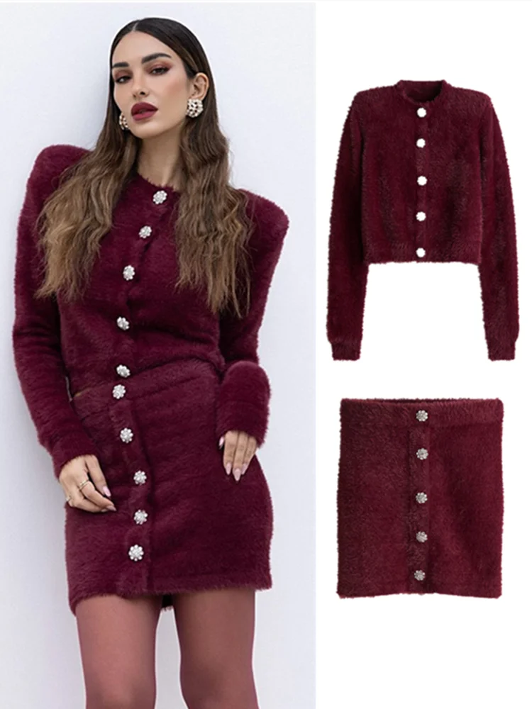 Burgundy Plush Cardigans Half Skirt Set Women O Neck Single Breasted Short Coat High Waist Wrap Hip Mini Skirts New Lady Outfits