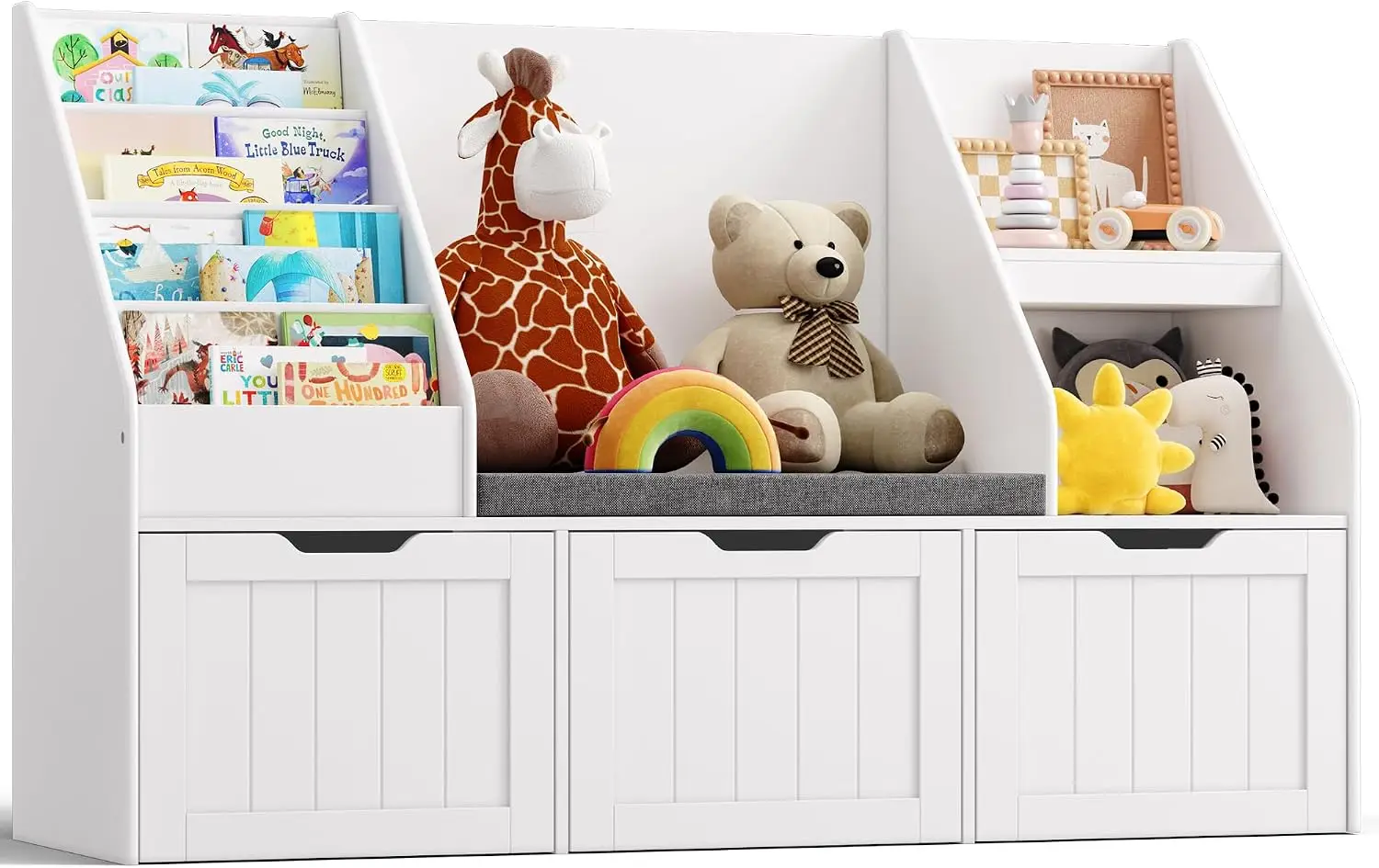 Toy Storage Organizer Reading Nook Kids Bookshelf Three Movable Drawers Kids Bench Kidsroom Playroom Bedroom White Painted