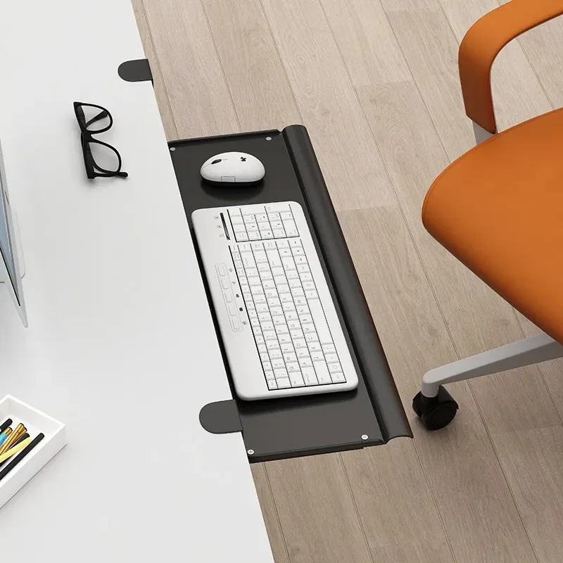 Under Desk Keyboard Tray Clamp No Drill, Slide Rails Drawer & Mouse Storage, Sturdy Black Metal Space-Saving Office Organizer