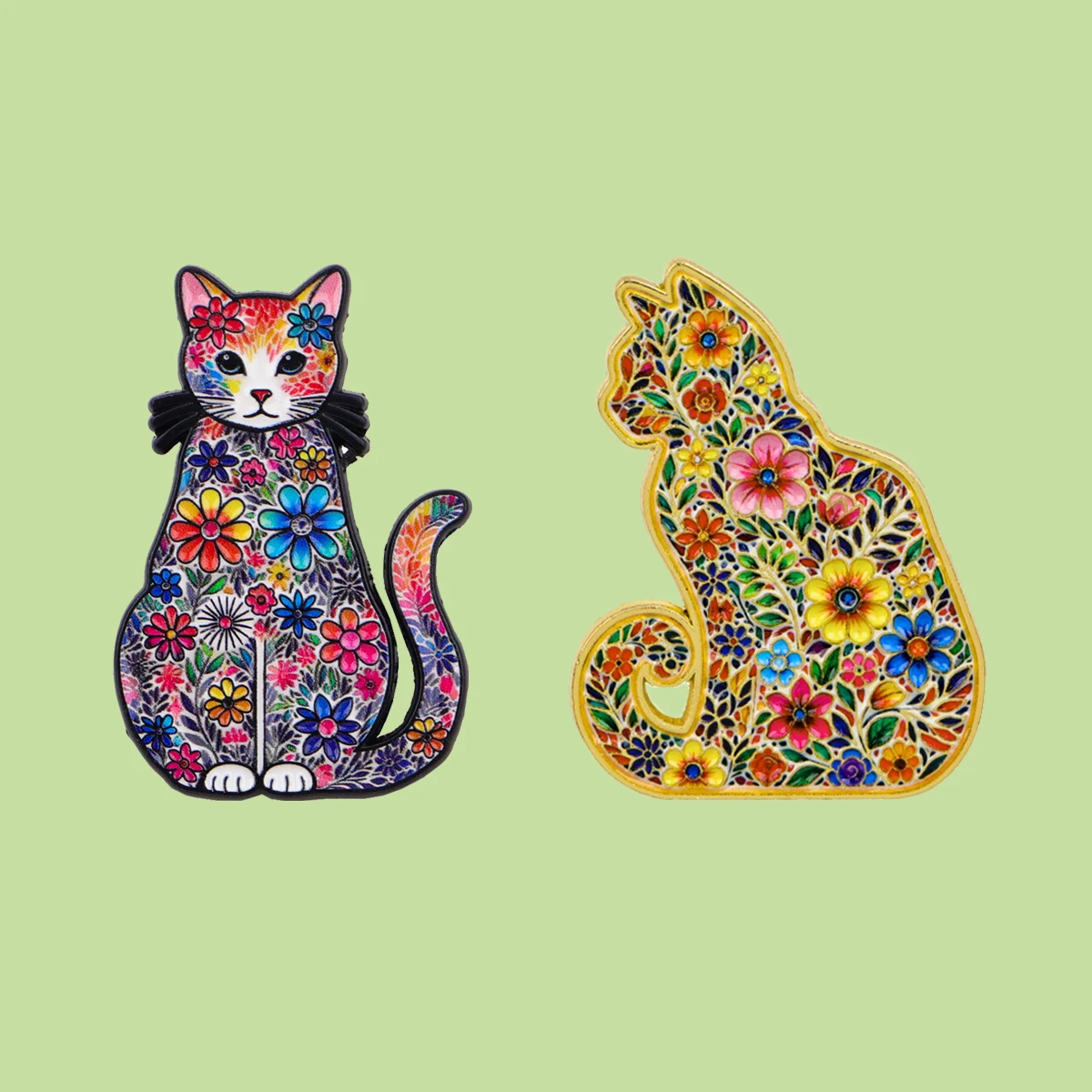 2er-Set Emaille-Anstecknadeln mit Blumen- und Katzenmotiven, Vintage-Broschen für Kleidung, Anstecker für Rucksäcke, Taschen, Kragen, Hüte, Reversnadeln, Schmuckgeschenke