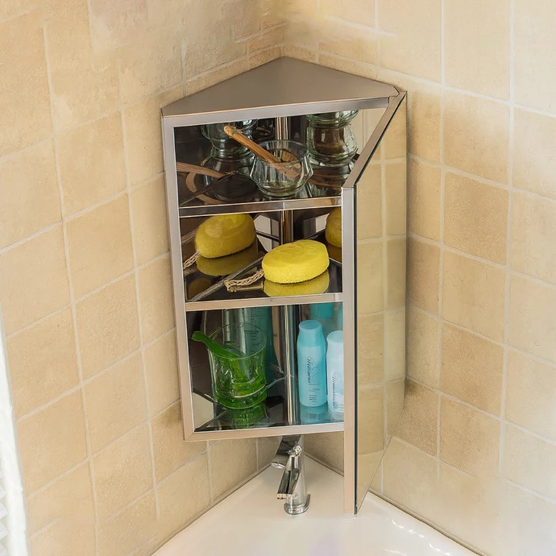 Bathroom Triangular Mirror Cabinet Corner Wall Mounted Stainless Steel Mirror Cabinet 3 Layers Storage Cabinets Modern Simple